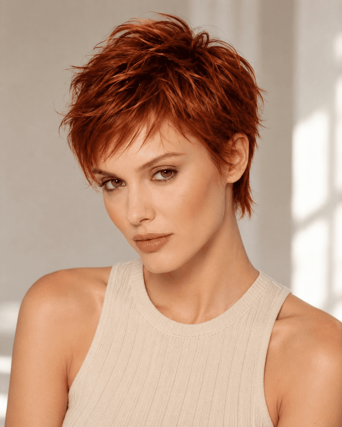 Short-haired person with vibrant red hair in a beige sleeveless top, indoors.